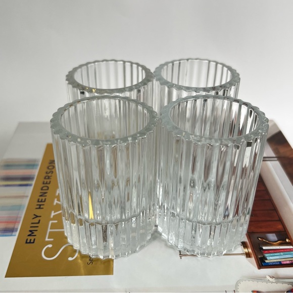 Ribbed Glass Candle Holder Set of 4 Clear Heavy Chic Holiday Home Decor - Picture 10 of 14